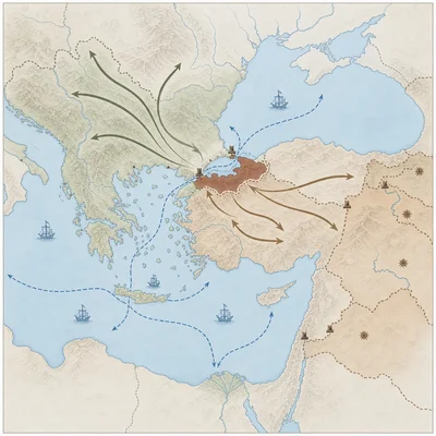 Map showing Ottoman expansion from northwestern Anatolia across strategic straits into Europe and Asia.