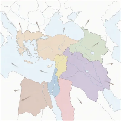 Map diagram showing former Ottoman territory divided into several regions after World War I.