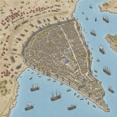 Bird's-eye diagram of the Ottoman siege of Constantinople with walls, cannons, ships, and surrounding water.
