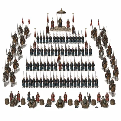 Schematic of an Ottoman army formation with infantry, cavalry, artillery, and a commander.