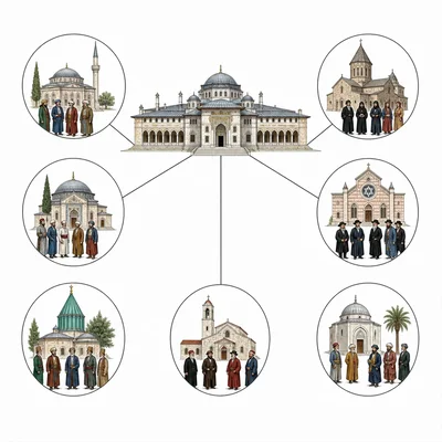 Diagram showing separate communities connected to a central Ottoman imperial authority, representing the millet system.