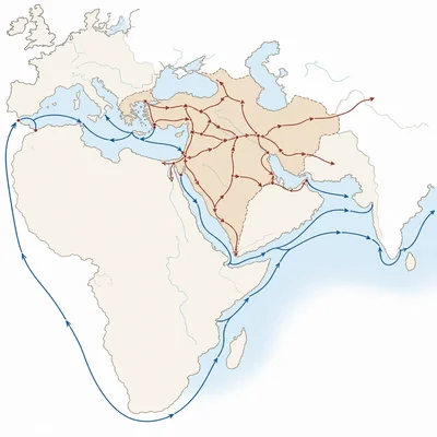 Map showing controlled eastern trade routes and European sea routes around Africa toward Asia.