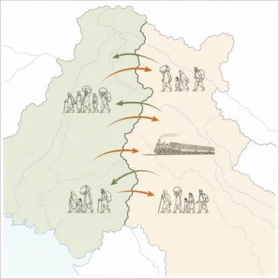 Diagram of Partition migration with arrows, refugee groups, and a train crossing a border.