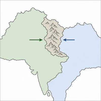 Diagram showing two neighboring countries with arrows pointing toward a disputed mountain region.