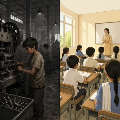 Contrast between child labor in a factory and children attending school.
