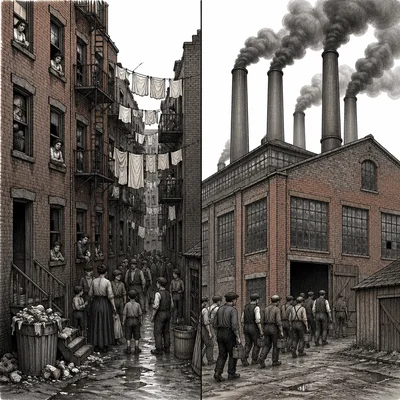 Diagram showing crowded tenements, urban waste, and factory pollution during the Progressive Era.