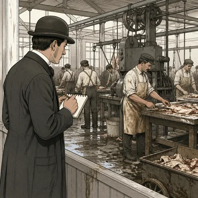 A journalist investigates unsafe factory conditions, representing muckrakers.