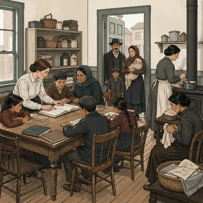 Settlement house scene with families receiving education and assistance.
