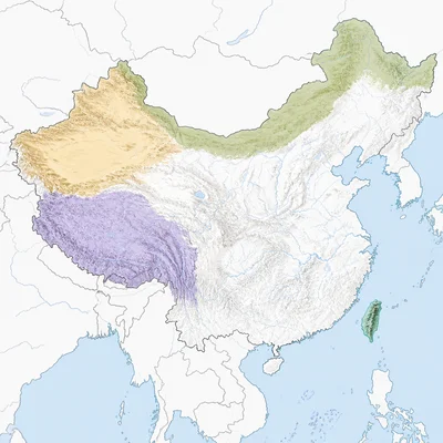 Unlabeled map of China highlighting major frontier regions and an offshore island relevant to Qing history.