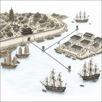 Diagram of a restricted Qing port where foreign ships trade through limited waterfront warehouses.