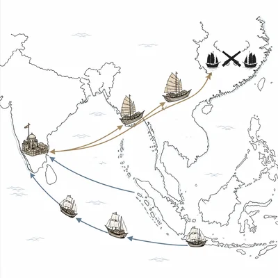 Map-style diagram showing opium trade routes from India to China and naval conflict near the Chinese coast.