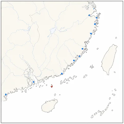 Unlabeled coastal map showing a highlighted island and several opened treaty ports after a treaty.