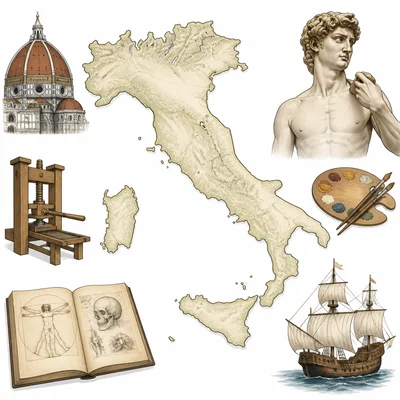 Unlabeled map of Italy with Renaissance symbols around it.