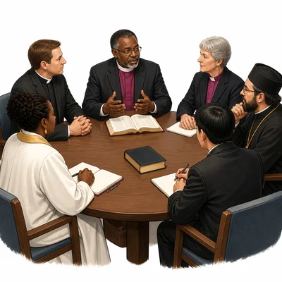 Church leaders meet around a table in a council discussion.