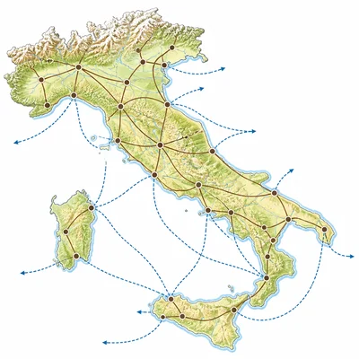 Unlabeled map of Italy showing city hubs connected by trade routes.