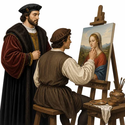 A wealthy patron supports a Renaissance artist painting at an easel.