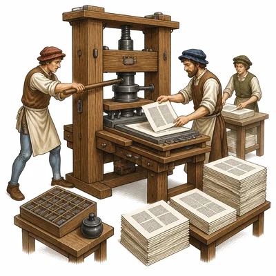 A Renaissance printing press producing many pages for people to share.