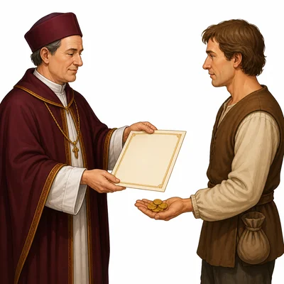 A church official exchanges a blank certificate with a townsperson who has coins.