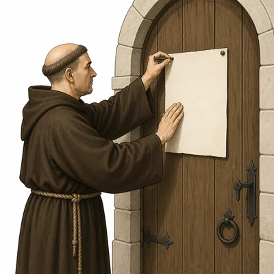 A monk pins a blank document to a church door.
