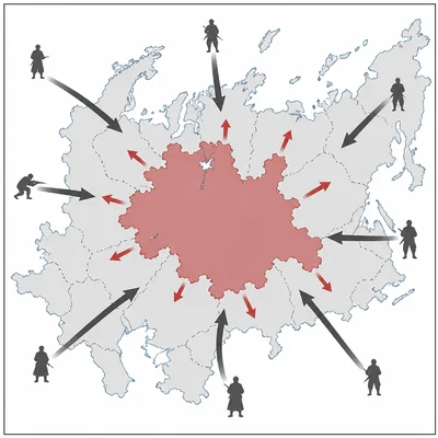 Unlabeled map showing a central red force surrounded by opposing forces during a civil war.