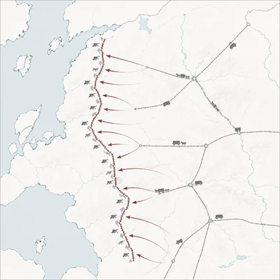 Unlabeled diagram of Russia sending troops and supplies toward a World War I front line.