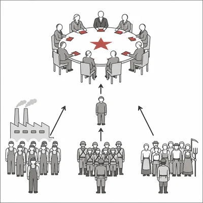 Diagram showing workers, soldiers, and peasants sending representatives to a central council.