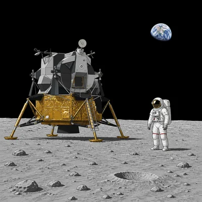 Apollo lunar module and astronaut on the Moon with Earth in the background.