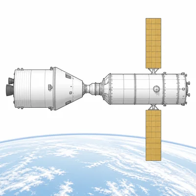 Two different spacecraft docked together in orbit above Earth.