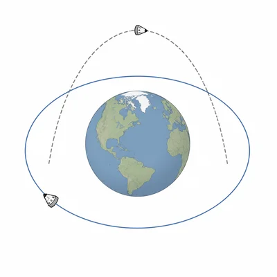 Diagram comparing a full orbital flight path with a shorter suborbital arc around Earth.