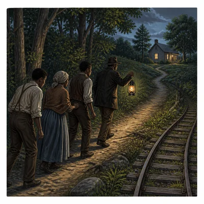 People follow a hidden path through woods toward a safe house, with faint train tracks nearby.
