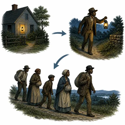 A safe house, guide, and travelers are shown as connected parts of a route.