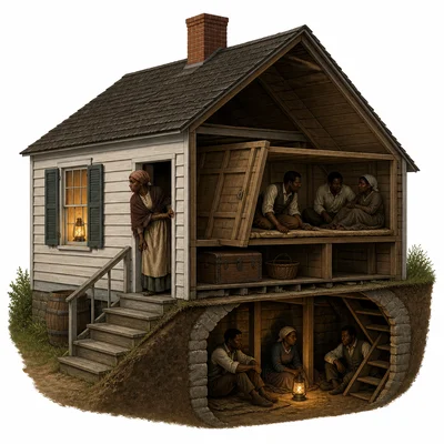 A cutaway of a safe house shows hidden space for travelers to rest.