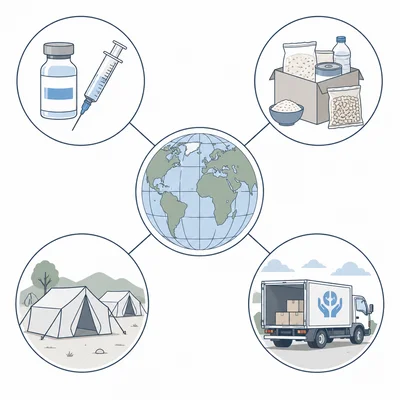 Global aid response with vaccines, food, shelters, and supply delivery around a globe.