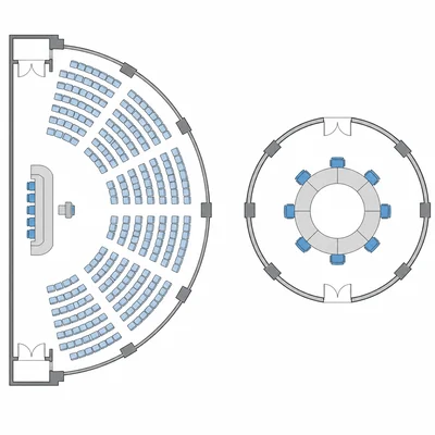 Comparison of a large assembly hall and a smaller council chamber.