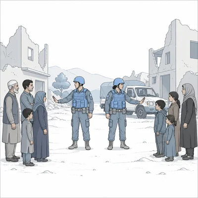 Peacekeepers standing between civilian groups near damaged buildings.