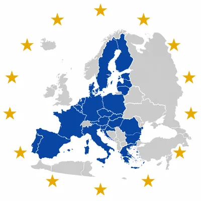 Simplified map of Europe with several countries highlighted and stars around it.