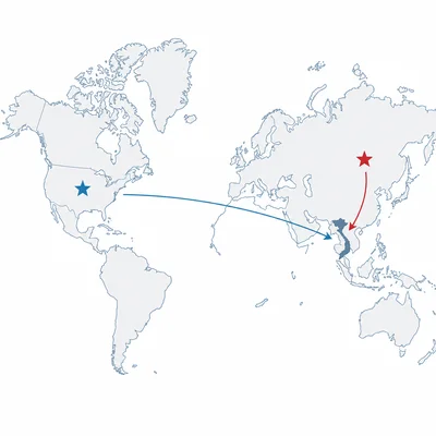 Unlabeled world map showing opposing Cold War influence arrows toward Vietnam.