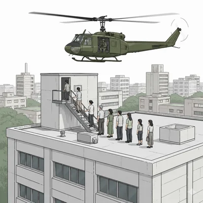 Helicopter evacuation from a rooftop during the fall of Saigon.