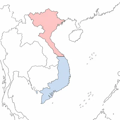 Unlabeled map of Vietnam divided into northern and southern regions.