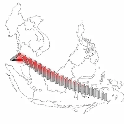 Domino tiles falling across an unlabeled Southeast Asia map.
