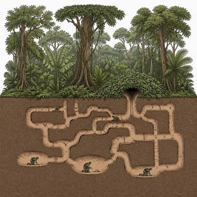Cutaway diagram of jungle terrain with hidden underground tunnels.