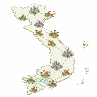 Diagram showing coordinated attack symbols across several Vietnamese locations.