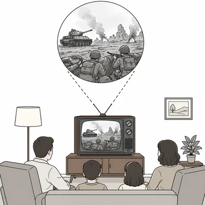 Television showing war footage to viewers at home.