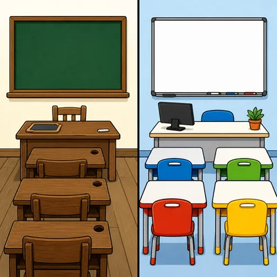 Two classrooms, one from long ago and one from today.
