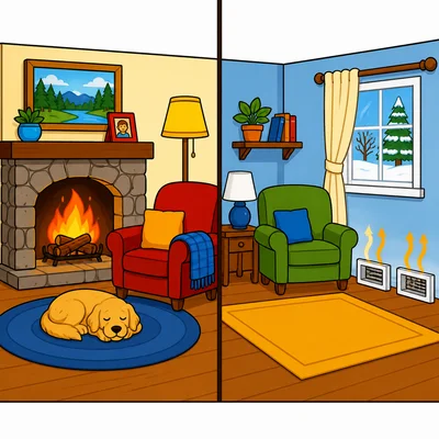A room with a fireplace and a room with heating vents.