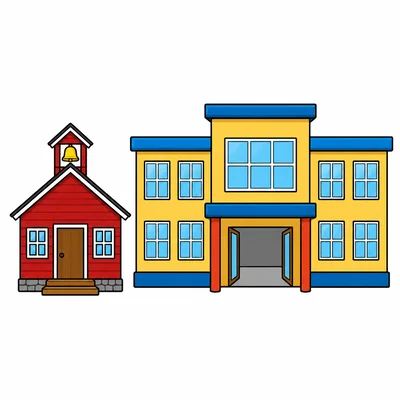 A one-room schoolhouse next to a larger modern school.