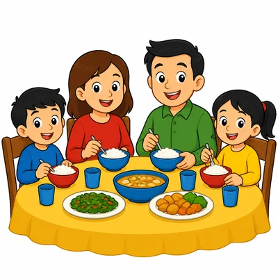 A family eating together at home.