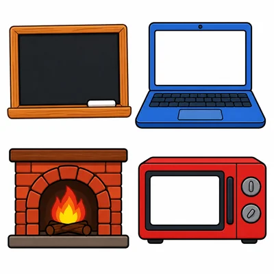 A chalk slate, laptop, fireplace, and microwave.