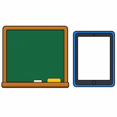 A chalkboard next to a tablet.