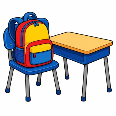 A colorful backpack on a classroom chair.